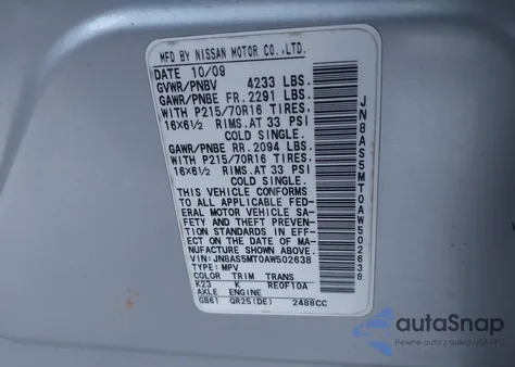 2010 Nissan Rogue S из США, поврежденный, VIN JN8AS5MT0AW502638